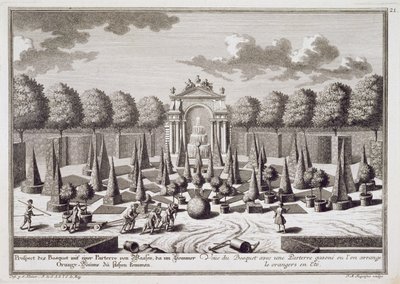 Een parterre met sinaasappelbomen in de tuin van het Lichtenstein Paleis, Wenen, gegraveerd door Franz Michael Regenfus (ca. 1712-80), gepubliceerd ca. 1724-37 door Salomon Kleiner